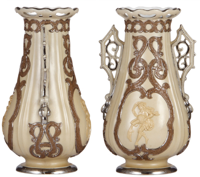 Two Mettlach vases, 10.9'' ht., #319, earlyware, one has base chips & handle repair, second in good condition. - 2