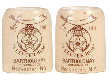 Two Mettlach steins, 2.2'' ht., 2303, PUG, July 1911, Feel-Ter-Hum Bartholomay Brewing Co., Rochester, N.Y., both mint.