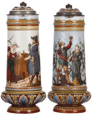 Two Mettlach steins, 2.4L, 14.8'' ht., 2065, etched, by H. Schlitt, inlaid lid, base repaired; with, 2.1L, 14.5'' ht., 1734, etched, by C. Warth, inlaid lid, cracks in rear & inlay repaired poorly.