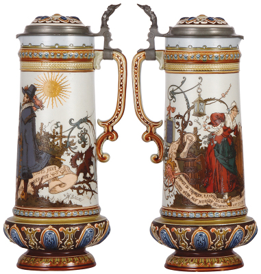 Two Mettlach steins, 2.4L, 14.8'' ht., 2065, etched, by H. Schlitt, inlaid lid, base repaired; with, 2.1L, 14.5'' ht., 1734, etched, by C. Warth, inlaid lid, cracks in rear & inlay repaired poorly. - 2