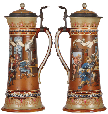 Two Mettlach steins, 3.0L, 16.8'' ht., 2206, etched, inlaid lid, crack around base on seam, reglued; with, 16.6'' ht., 1217, etched, pewter lid, fair repairs to chip & cracks. - 2