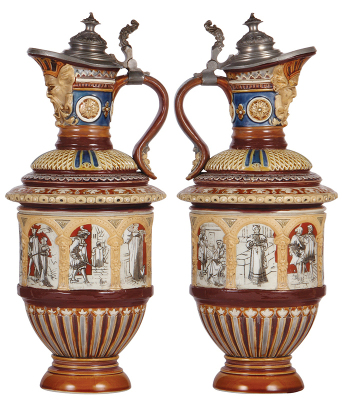 Two Mettlach steins, 3.0L, 16.8'' ht., 2206, etched, inlaid lid, crack around base on seam, reglued; with, 16.6'' ht., 1217, etched, pewter lid, fair repairs to chip & cracks. - 3