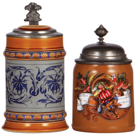 Two Mettlach steins, .5L, 1452, mosaic, inlaid lid has small chip on back edge, body mint; with, .5L, 1526, hand-painted, pewter lid, marked Brüder Thannhauser, center hinge ring missing, works well.