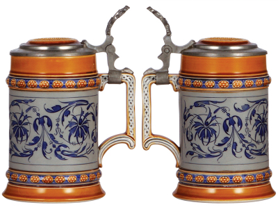 Two Mettlach steins, .5L, 1452, mosaic, inlaid lid has small chip on back edge, body mint; with, .5L, 1526, hand-painted, pewter lid, marked Brüder Thannhauser, center hinge ring missing, works well. - 2