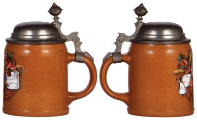 Two Mettlach steins, .5L, 1452, mosaic, inlaid lid has small chip on back edge, body mint; with, .5L, 1526, hand-painted, pewter lid, marked Brüder Thannhauser, center hinge ring missing, works well. - 3