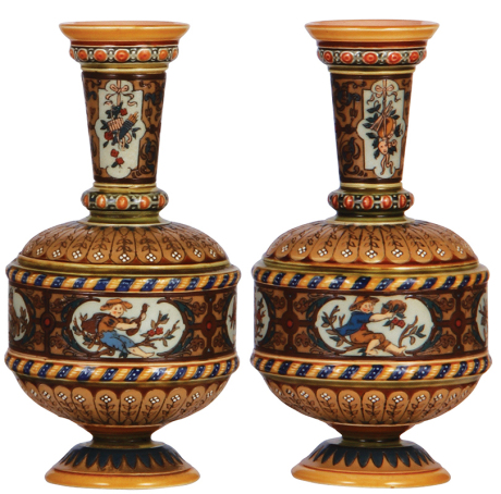 Pair Mettlach vases, 9.4'' ht., 1591, etched, one neck break properly glued, second mint.