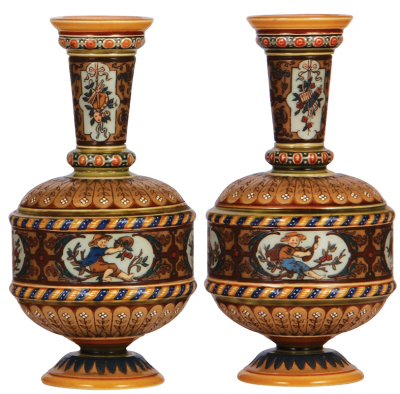 Pair Mettlach vases, 9.4'' ht., 1591, etched, one neck break properly glued, second mint. - 2