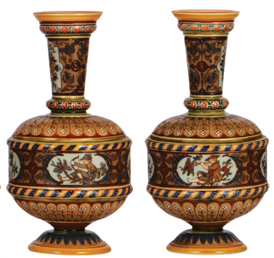 Pair Mettlach vases, 9.4'' ht., 1591, etched, one neck break properly glued, second mint. - 3