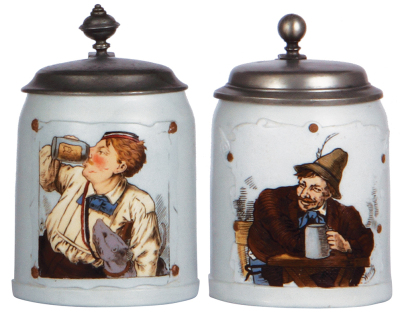 Two Mettlach steins, .5L, 1643,etched, tapestry, by C. Warth, pewter lid had design or inscription removed, body mint; with, .5L, 1533, etched, tapestry, by C. Warth, pewter lid, mint.