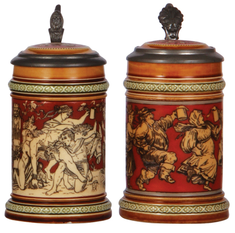 Two Mettlach steins, .3L, 2035, etched, inlaid lid, mint; with, .3L, 2057, etched, inlaid lid, a little interior glaze browning.