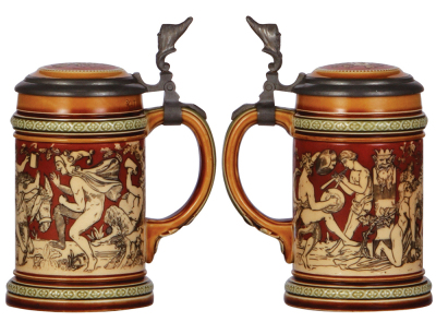 Two Mettlach steins, .3L, 2035, etched, inlaid lid, mint; with, .3L, 2057, etched, inlaid lid, a little interior glaze browning. - 2