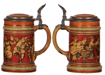 Two Mettlach steins, .3L, 2035, etched, inlaid lid, mint; with, .3L, 2057, etched, inlaid lid, a little interior glaze browning. - 3