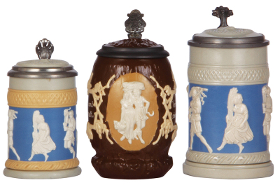 Three Mettlach steins, .25L, 171, relief, inlaid lid, mint; with, .5L 1028, relief, inlaid lid, mint; with, .5L, 171, relief, inlaid lid, mint.