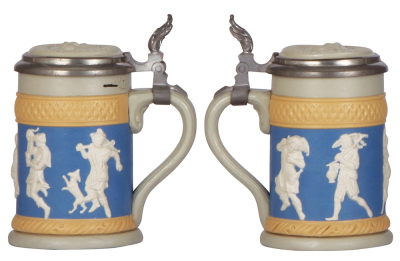 Three Mettlach steins, .25L, 171, relief, inlaid lid, mint; with, .5L 1028, relief, inlaid lid, mint; with, .5L, 171, relief, inlaid lid, mint. - 2