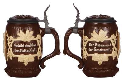 Three Mettlach steins, .25L, 171, relief, inlaid lid, mint; with, .5L 1028, relief, inlaid lid, mint; with, .5L, 171, relief, inlaid lid, mint. - 3