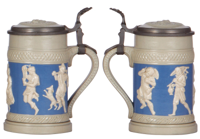 Three Mettlach steins, .25L, 171, relief, inlaid lid, mint; with, .5L 1028, relief, inlaid lid, mint; with, .5L, 171, relief, inlaid lid, mint. - 4