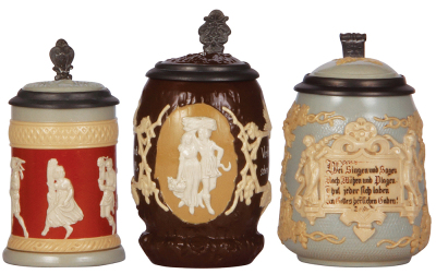 Three Mettlach steins, .25L, 171, relief, inlaid lid, mint; with, .5L 1028, relief, inlaid lid, mint; with, .5L, 1370, relief, inlaid lid, small relief chip.