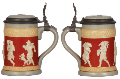 Three Mettlach steins, .25L, 171, relief, inlaid lid, mint; with, .5L 1028, relief, inlaid lid, mint; with, .5L, 1370, relief, inlaid lid, small relief chip. - 2