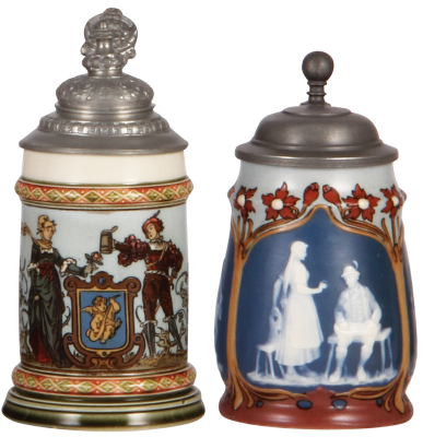 Two Mettlach steins, .25L, 1725, etched, replaced pewter lid, pewter tear repaired, flake on handle; with, .3L, 2715, cameo, replaced pewter lid, body mint.