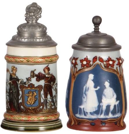 Two Mettlach steins, .25L, 1725, etched, replaced pewter lid, pewter tear repaired, flake on handle; with, .3L, 2715, cameo, replaced pewter lid, body mint.