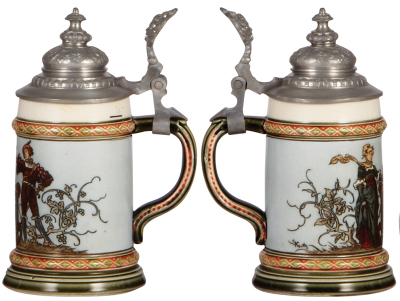 Two Mettlach steins, .25L, 1725, etched, replaced pewter lid, pewter tear repaired, flake on handle; with, .3L, 2715, cameo, replaced pewter lid, body mint. - 2