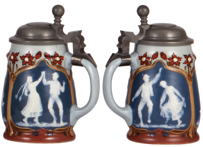 Two Mettlach steins, .25L, 1725, etched, replaced pewter lid, pewter tear repaired, flake on handle; with, .3L, 2715, cameo, replaced pewter lid, body mint. - 3