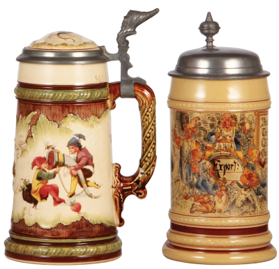 Two Mettlach steins, .5L, 966 [2184], PUG, inlaid lid, mint; with, .5L, 626 [280], PUG, pewter lid, mint.