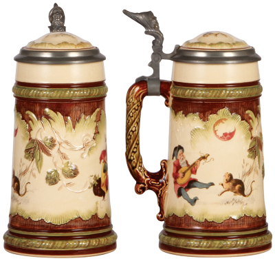 Two Mettlach steins, .5L, 966 [2184], PUG, inlaid lid, mint; with, .5L, 626 [280], PUG, pewter lid, mint. - 2