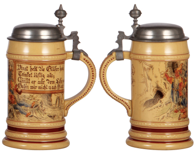 Two Mettlach steins, .5L, 966 [2184], PUG, inlaid lid, mint; with, .5L, 626 [280], PUG, pewter lid, mint. - 3