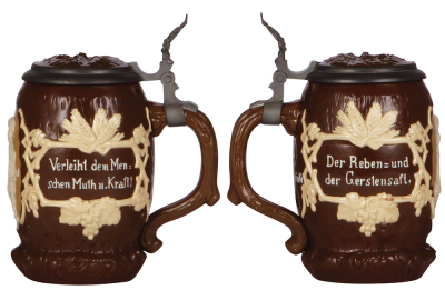 Three Mettlach steins, .25L, 171, relief, inlaid lid, mint; with, .5L 1028, relief, inlaid lid, mint; with, .5L, 1370, relief, inlaid lid, small relief chip. - 3