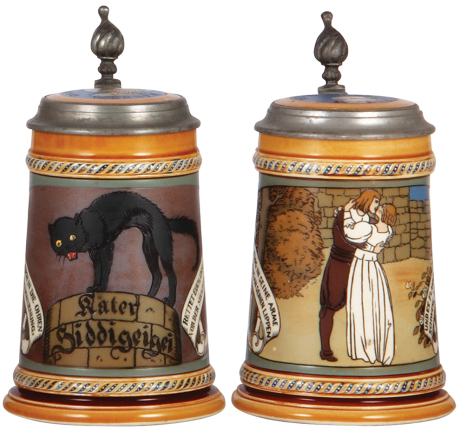 Two Mettlach steins, .5L, 2007, etched, by F. Stuck, inlaid lid, artist name removed, otherwise mint; with, .5L, 2009, etched, by F. Stuck, inlaid lid, artist name removed, otherwise mint.