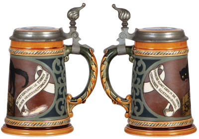 Two Mettlach steins, .5L, 2007, etched, by F. Stuck, inlaid lid, artist name removed, otherwise mint; with, .5L, 2009, etched, by F. Stuck, inlaid lid, artist name removed, otherwise mint. - 2