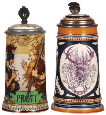 Two Mettlach steins, .5L, 2100, etched, by H. Schlitt, inlaid lid, small rim chip repair; with, .5L, 2936, etched, Elks, inlaid lid, mint.