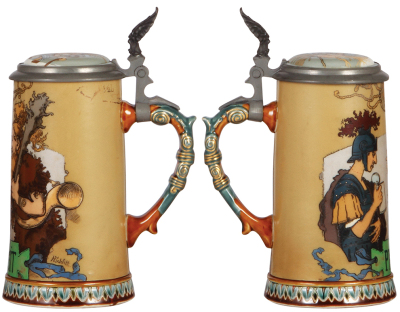 Two Mettlach steins, .5L, 2100, etched, by H. Schlitt, inlaid lid, small rim chip repair; with, .5L, 2936, etched, Elks, inlaid lid, mint. - 2