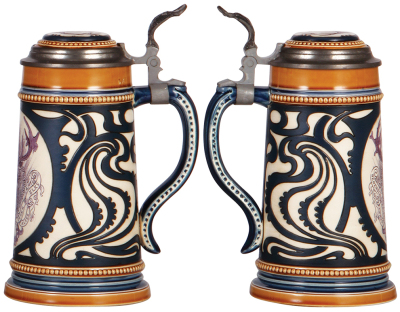 Two Mettlach steins, .5L, 2100, etched, by H. Schlitt, inlaid lid, small rim chip repair; with, .5L, 2936, etched, Elks, inlaid lid, mint. - 3