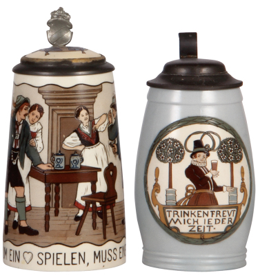 Two Mettlach steins, .5L, 3335, etched, inlaid lid, very good inlay repair, base flake; with, .5L, 3001, etched, by F. Ringer, pewter lid, very good body hairline repaired.