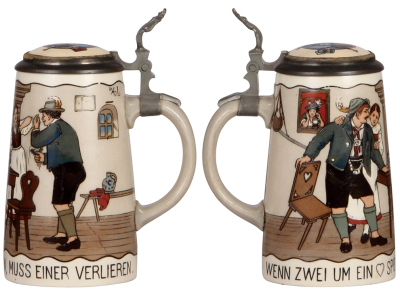 Two Mettlach steins, .5L, 3335, etched, inlaid lid, very good inlay repair, base flake; with, .5L, 3001, etched, by F. Ringer, pewter lid, very good body hairline repaired. - 2