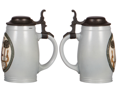 Two Mettlach steins, .5L, 3335, etched, inlaid lid, very good inlay repair, base flake; with, .5L, 3001, etched, by F. Ringer, pewter lid, very good body hairline repaired. - 3