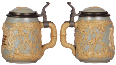 Three Mettlach steins, .25L, 171, relief, inlaid lid, mint; with, .5L 1028, relief, inlaid lid, mint; with, .5L, 1370, relief, inlaid lid, small relief chip. - 4