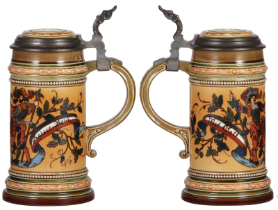 Two Mettlach steins, .5L, 1520, etched, by Gorig, inlaid lid, very good handle repair; with, .5L, 2582, etched, by F. Quidenus, inlaid lid, inscription dated 1900 on top rim of body, very well done, mint. - 2