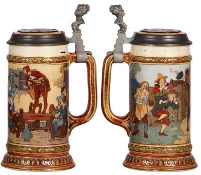 Two Mettlach steins, .5L, 1520, etched, by Gorig, inlaid lid, very good handle repair; with, .5L, 2582, etched, by F. Quidenus, inlaid lid, inscription dated 1900 on top rim of body, very well done, mint. - 3