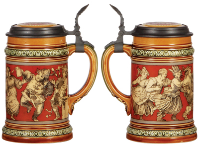 Two Mettlach steins, .5L, 2057, etched, inlaid lid, mint; with, .5L, 2050, etched, figural inlaid lid, base chip repaired, finish color needs to be added. - 2