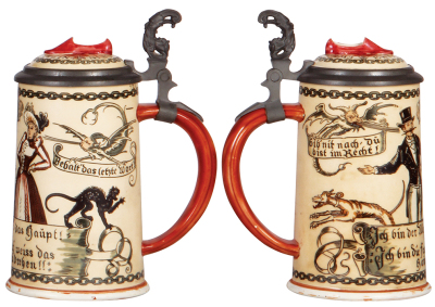 Two Mettlach steins, .5L, 2057, etched, inlaid lid, mint; with, .5L, 2050, etched, figural inlaid lid, base chip repaired, finish color needs to be added. - 3