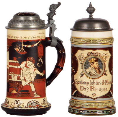 Two Mettlach steins, .5L, 2192, etched, by H. Schlitt, inlaid lid broken, body mint; with, .5L, 1048 [1861], PUG & etched, original pewter lid, good handle repair.