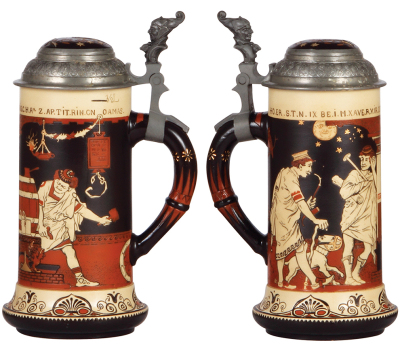 Two Mettlach steins, .5L, 2192, etched, by H. Schlitt, inlaid lid broken, body mint; with, .5L, 1048 [1861], PUG & etched, original pewter lid, good handle repair. - 2