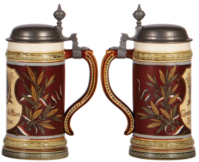 Two Mettlach steins, .5L, 2192, etched, by H. Schlitt, inlaid lid broken, body mint; with, .5L, 1048 [1861], PUG & etched, original pewter lid, good handle repair. - 3