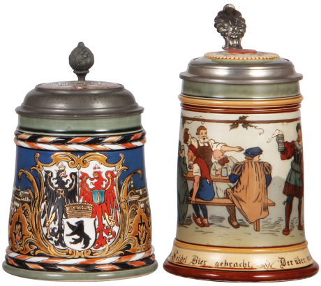 Two Mettlach steins, .5L, 2024, etched, Berlin, inlaid lid, mint; with, .5L, 2028, etched, inlaid lid, mint.