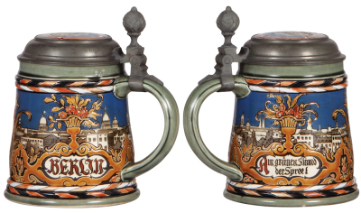 Two Mettlach steins, .5L, 2024, etched, Berlin, inlaid lid, mint; with, .5L, 2028, etched, inlaid lid, mint. - 2