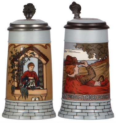 Two Mettlach steins, .5L, 2832 & 2833A, etched, inlaid lids, mint.
