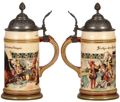 Two Mettlach steins, .5L, 1047 [2140], PUG, pewter lid, minor pewter tear; with, .25L, 962 [2179], PUG, by H. Schlitt, pewter lid, poor hairline repair.  - 2